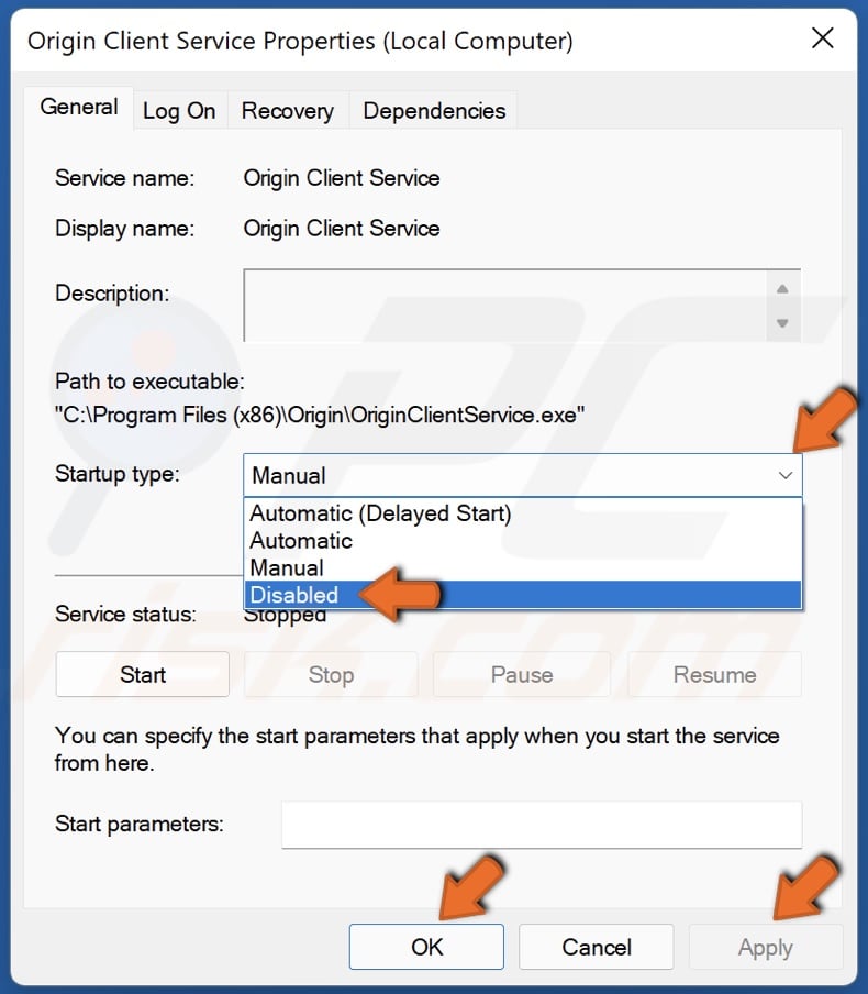 Open the Startup type drop-down menu and select Disabled