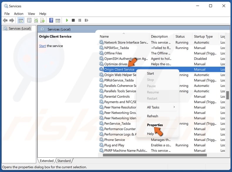 Right-click Origin Client Service and click Properties