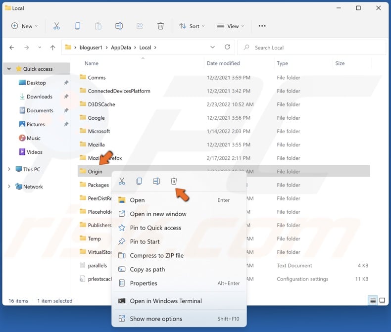 Delete the Origin folder in the Local folder