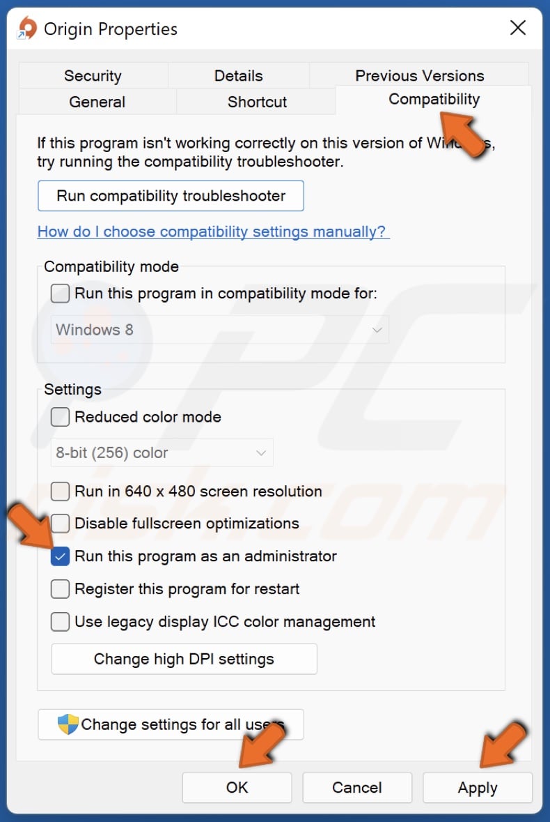 Mark Run this program as an administrator checkbox