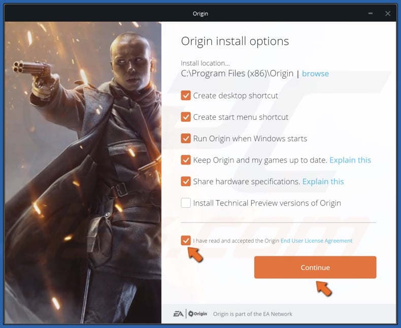 Accept the End-user license agreement and click Continue