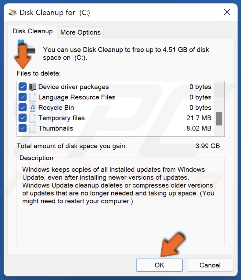Select the files to delete and click OK