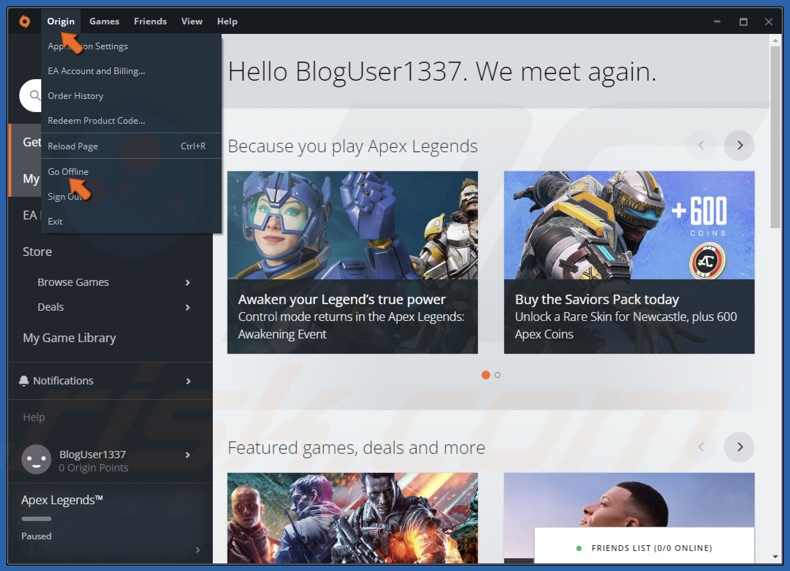 Open the Origin drop-down menu and click Go Offline