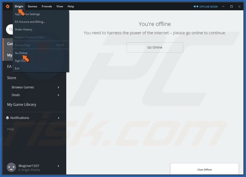 Open the Origin drop-down menu and click Go Online