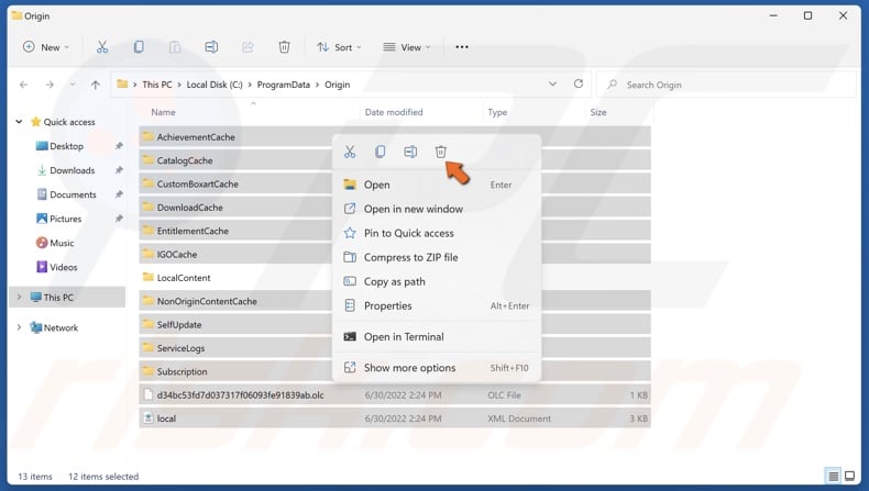 Select all files except LocalContent right-click them and click Delete