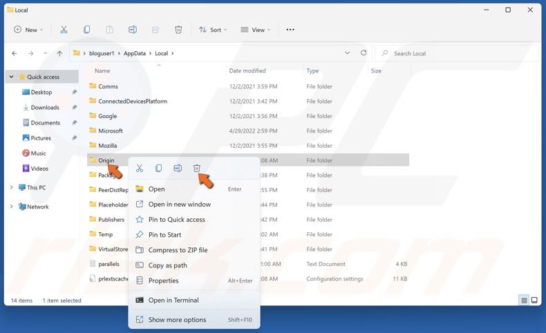 Right-click the Origin folder inside the Local folder and click Delete