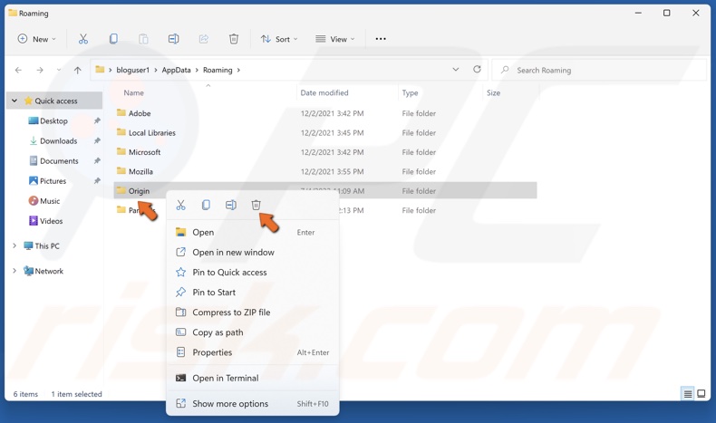 Right-click the Origin folder inside the Roaming folder and click Delete