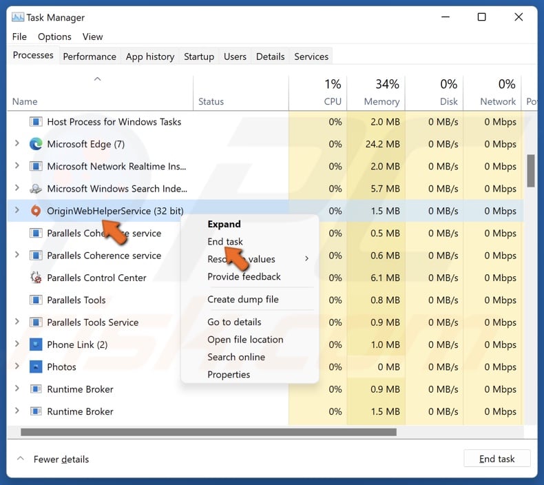 Right-click Origin-related processes and click End task