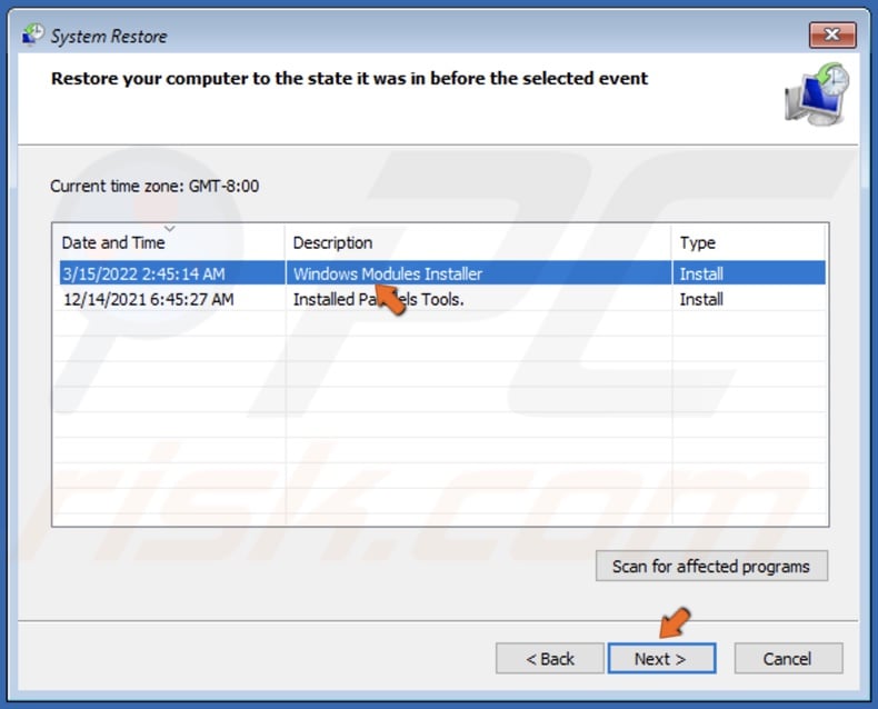 Select a Restore point and click Next