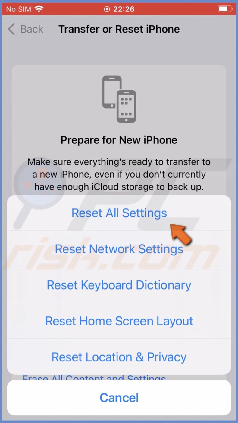 Reset all settings