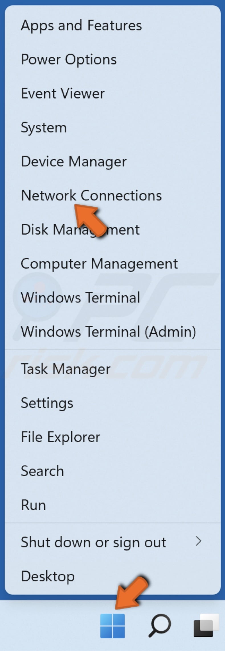 Right-click Start and select Network Connections