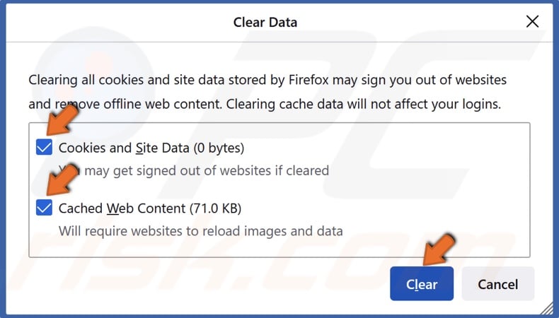 Mark Cookies and Site Data and Cached Web Content and click Clear