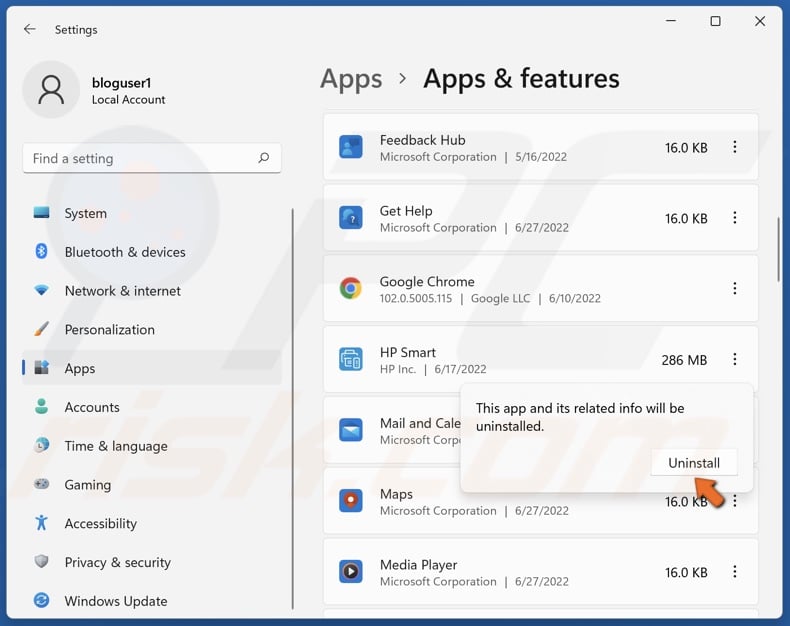 Click Uninstall to confirm the action