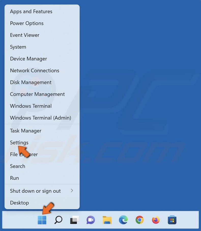 Right-click Start and click Settings