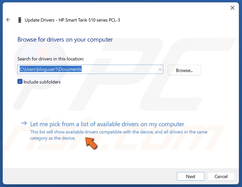 Click Let me pick from a list of available drivers on my computer