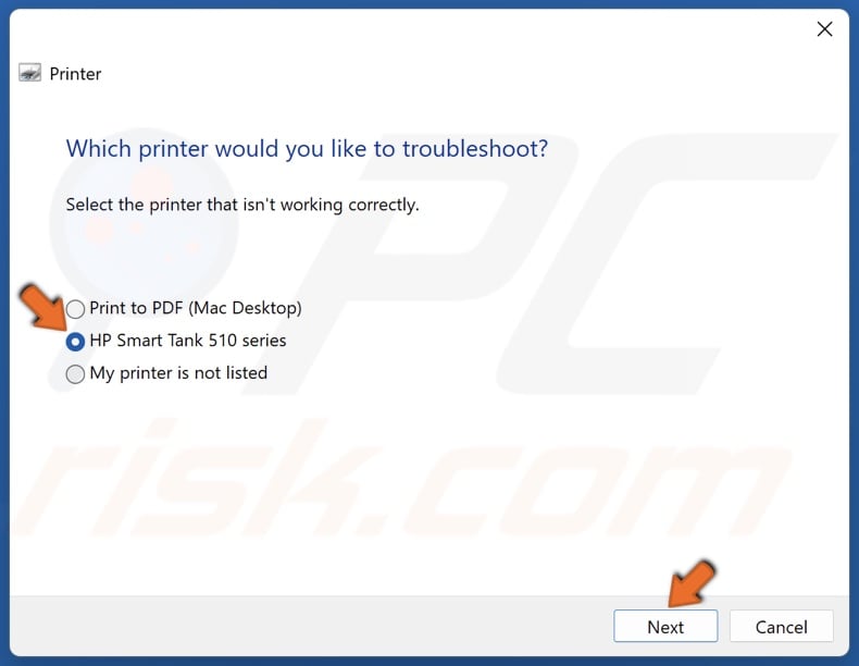 Select your printer and click Next