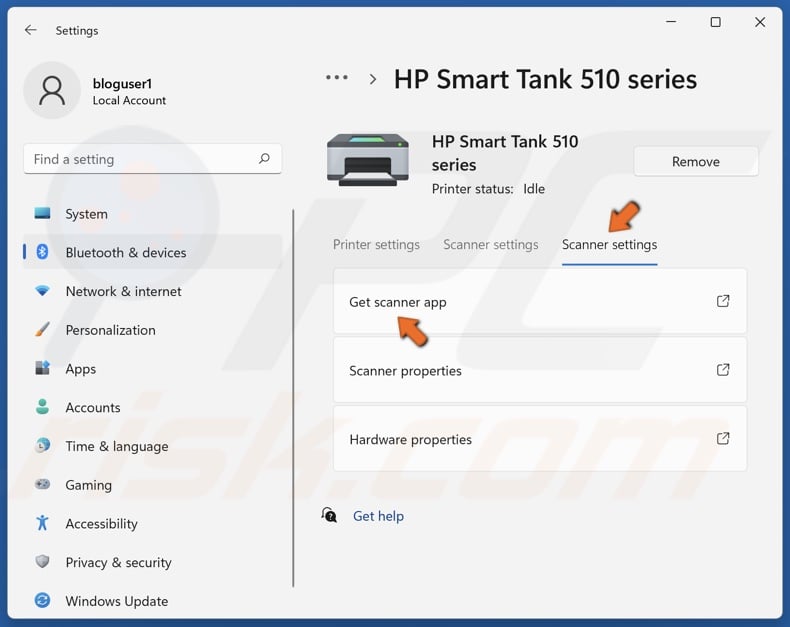 Select Scanner settings and click Get scanner app