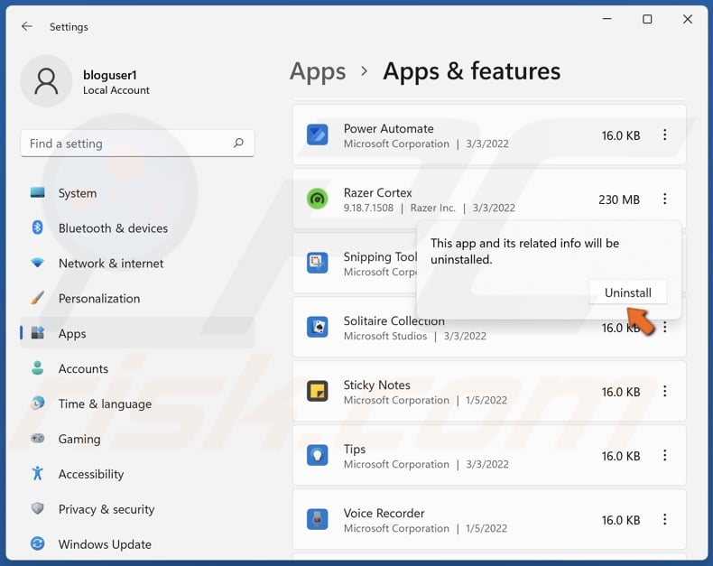 Click Uninstall to confirm the action