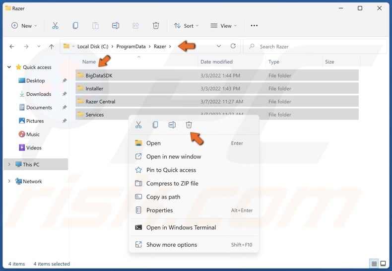 In the ProgramData folder, right-click all Razer Cortex-related folders and click Delete