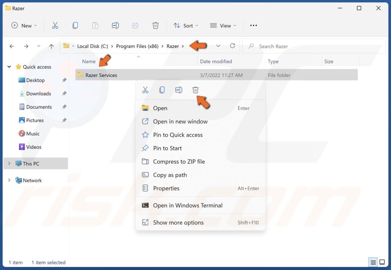 Right-click all Razer-related folders and click Uninstall