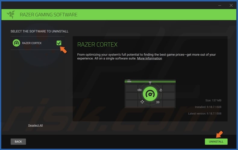Select Razer Cortex and click Uninstall