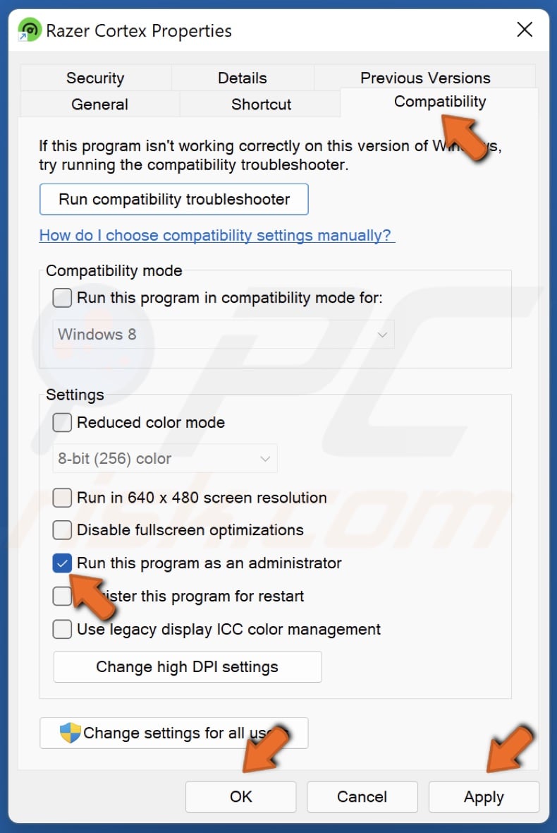 Mark the Run this program as an administrator checkbox