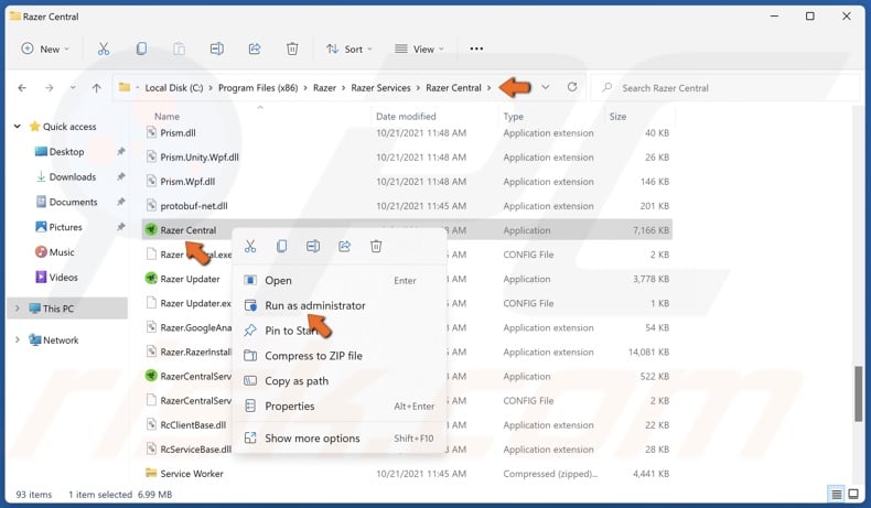 Right-click Razer Central and click Run as administrator