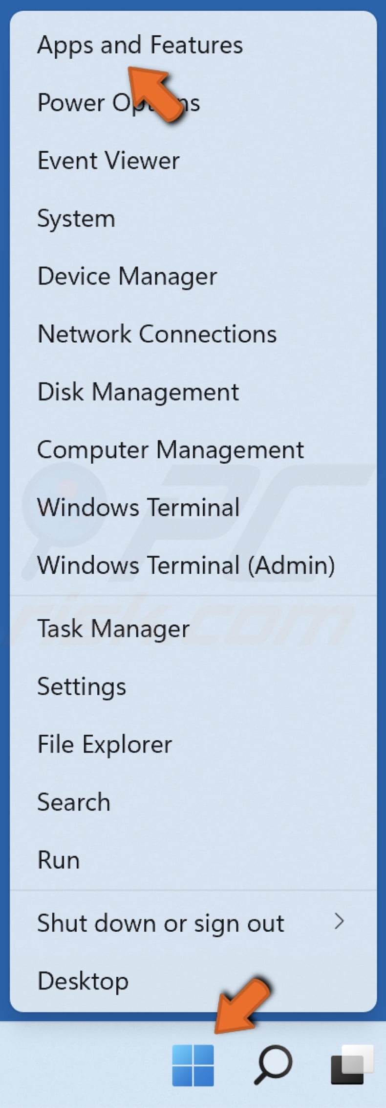 Right-click Start and click Apps and Features