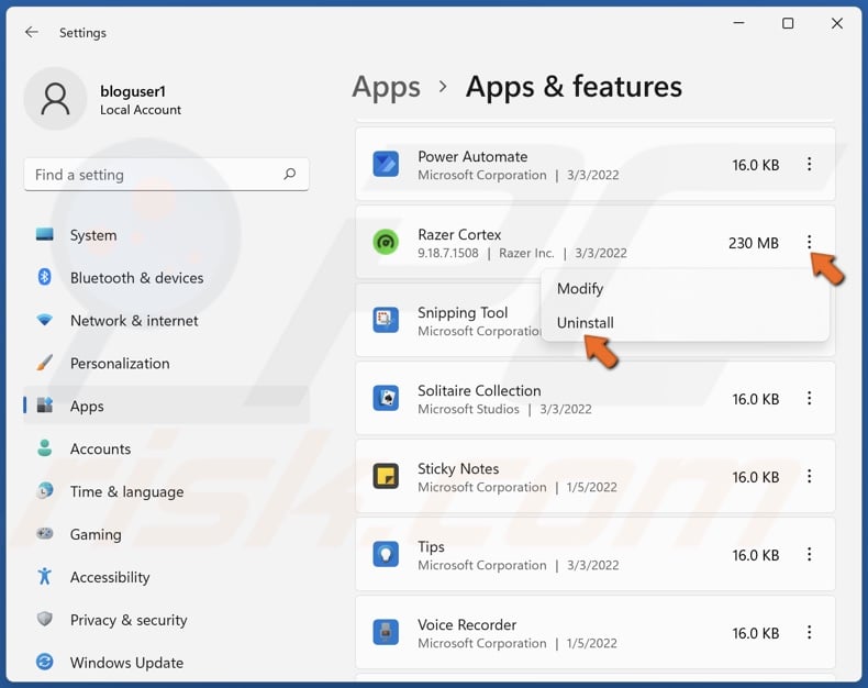 Select Razer Cortex and click Uninstall