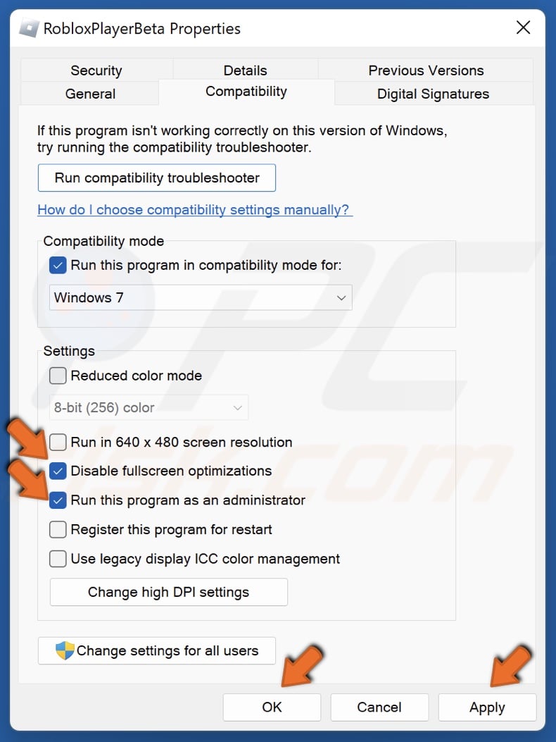 Mark Disable fullscreen optimizations and mark Run this program as an administrator checkboxes