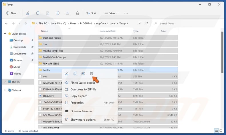 Right-click Windows temp files and click Delete