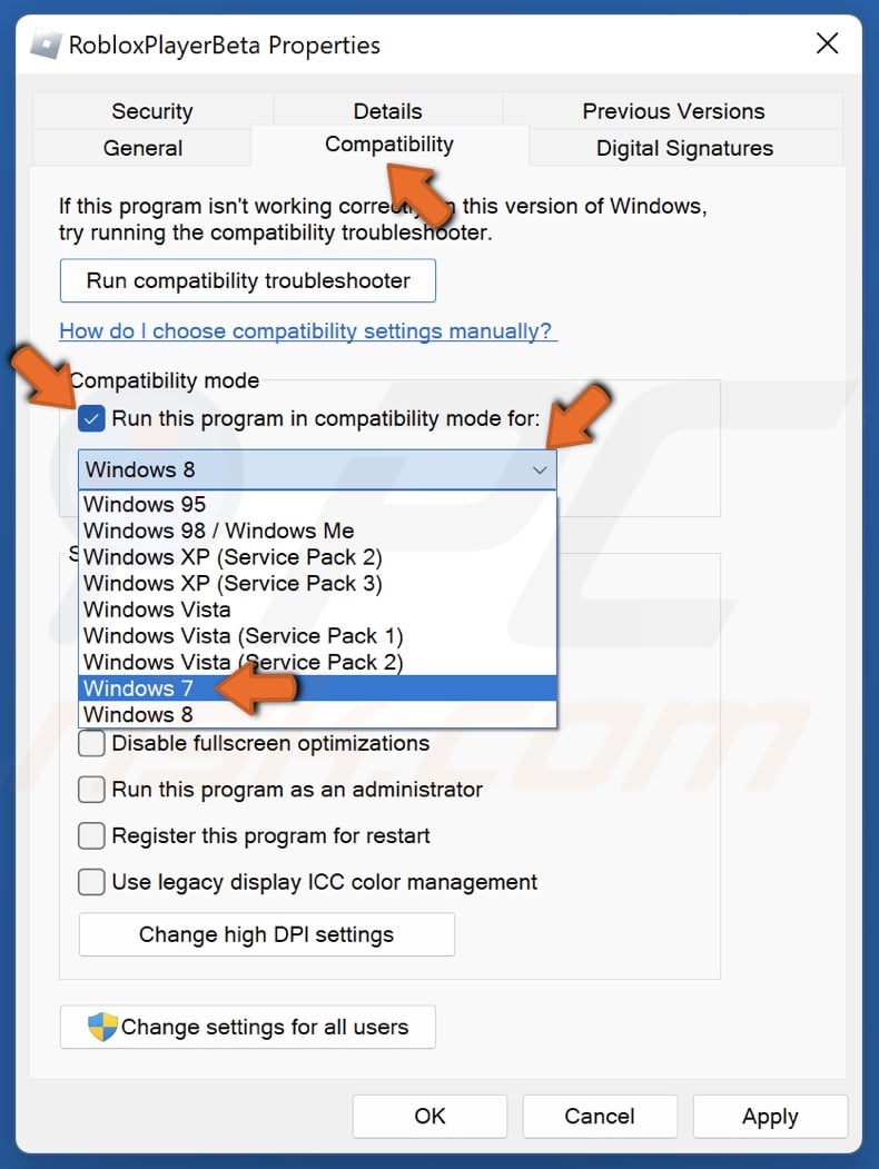 Select the Compatibility tab and set Roblox to Run in compatibility mode
