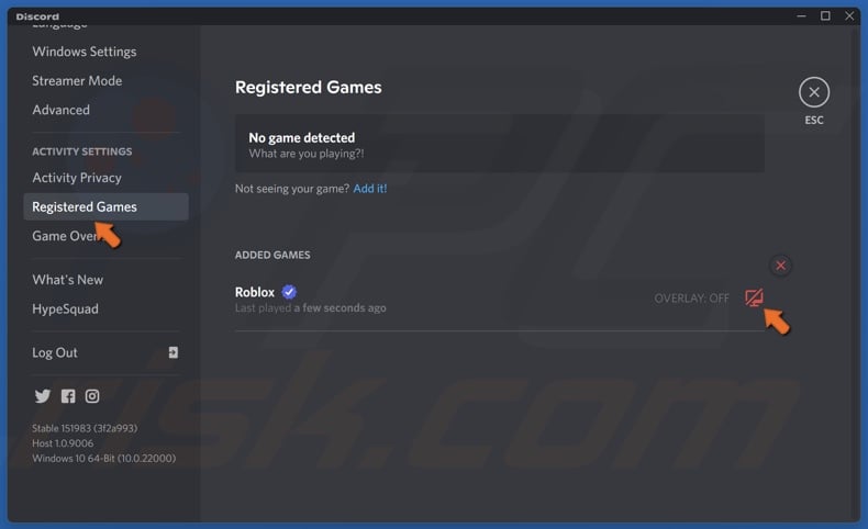 Select Registered Games and disable the in-game overlay for Roblox