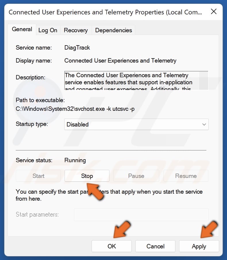 Click Stop and click Apply and click OK