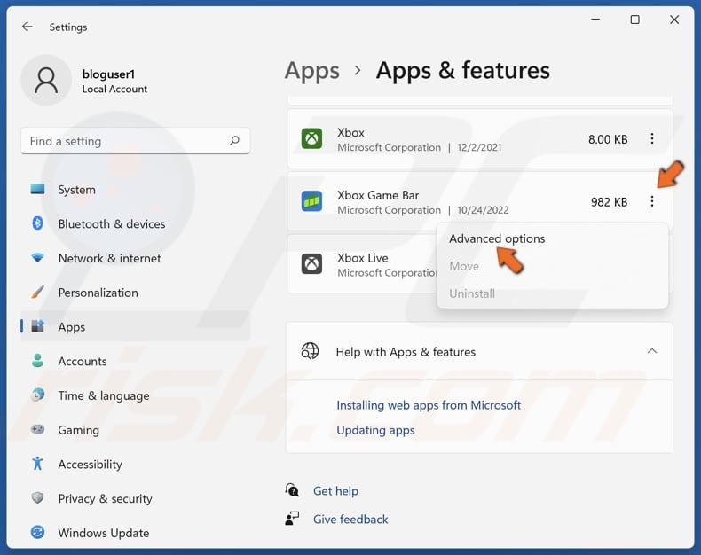 Click the three dots next to Xbox Game Bar and select Advanced options
