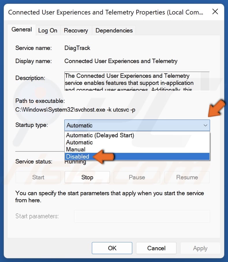 Open the Startup type menu and select Disabled