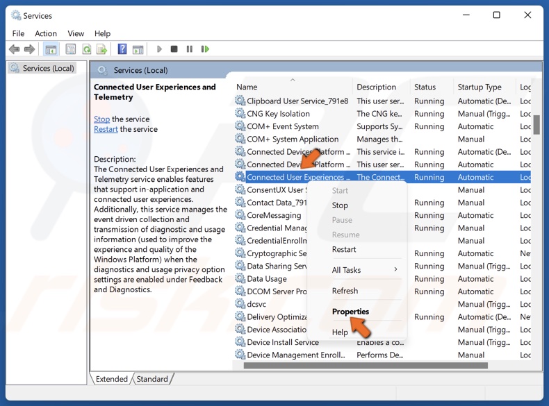 Right-click Connected User Experiences and Telemetry and click Properties