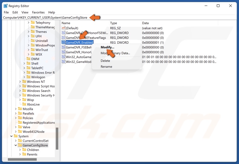 Right-click GameDVR_Enabled and click Modify