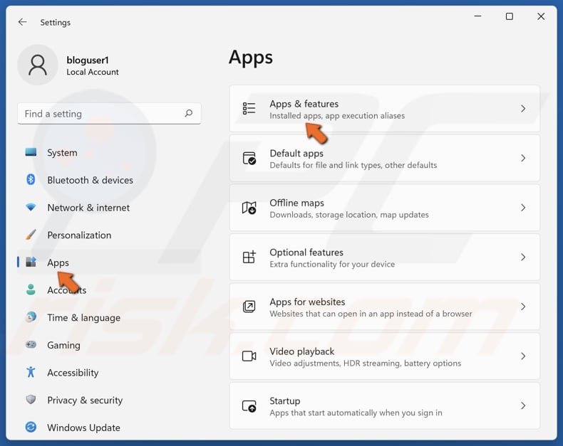 Select the Apps tab and select Apps & features