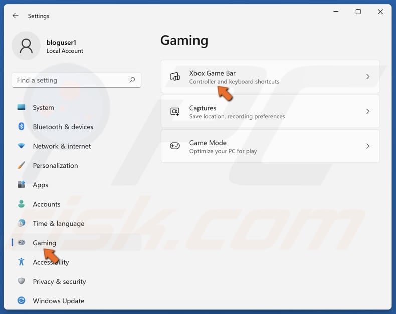 Select the Gaming tab and select Xbox Game Bar