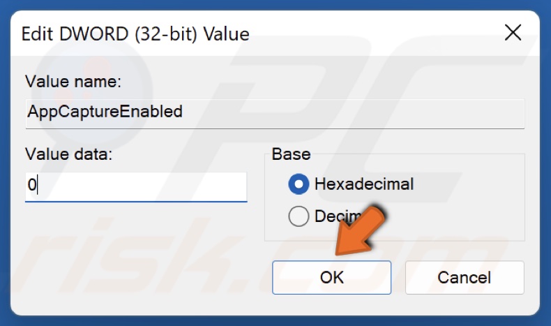 Set AppCaptureEnabled Value data to 0 and click OK