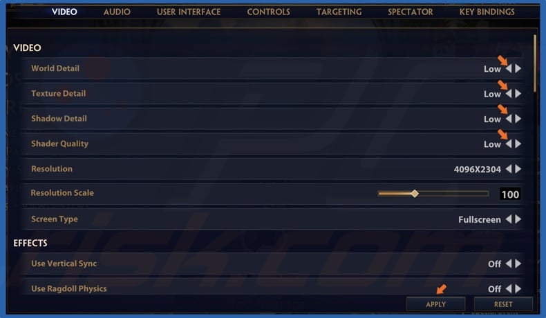 Set Smite video settings to low