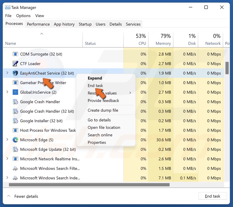 Right-click the EasyAntiCheat Service and click End task