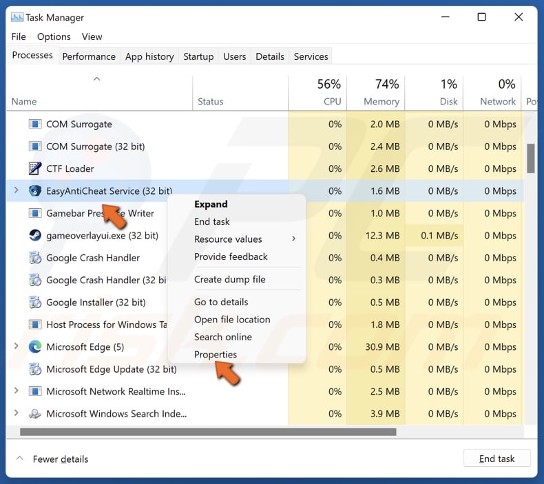 Right-click the EasyAntiCheat Service and click Properties