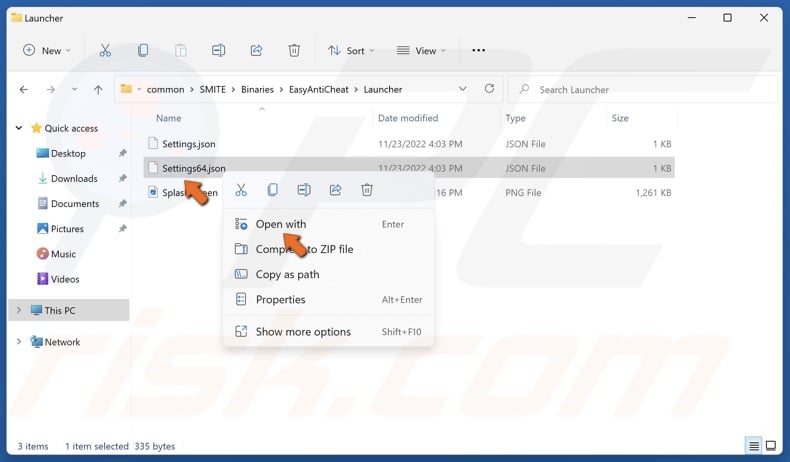 Right-click Settings64.json and select Open with