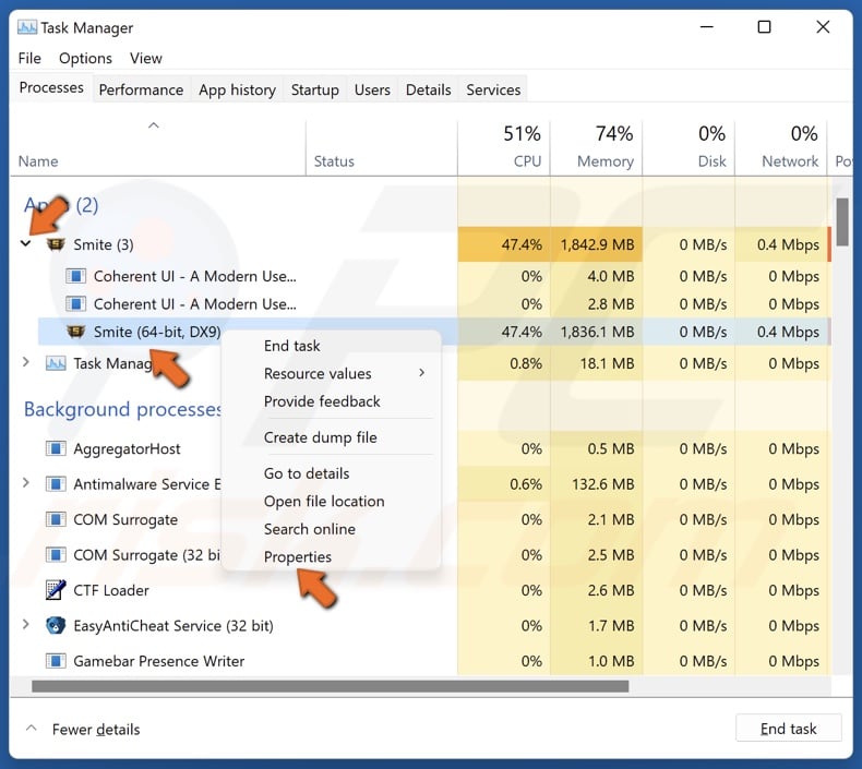 Right-click the Smite process and click Properties