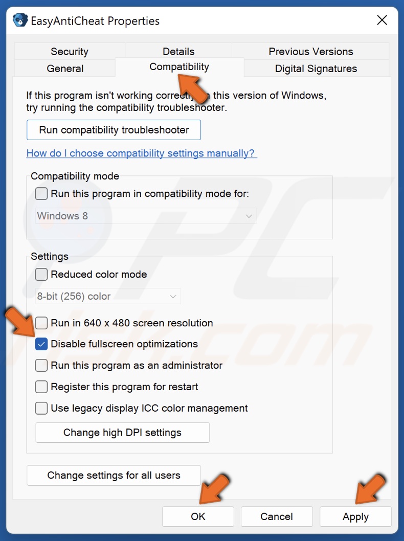 Select the Compatibility tab and mark Disable fullscreen optimizations