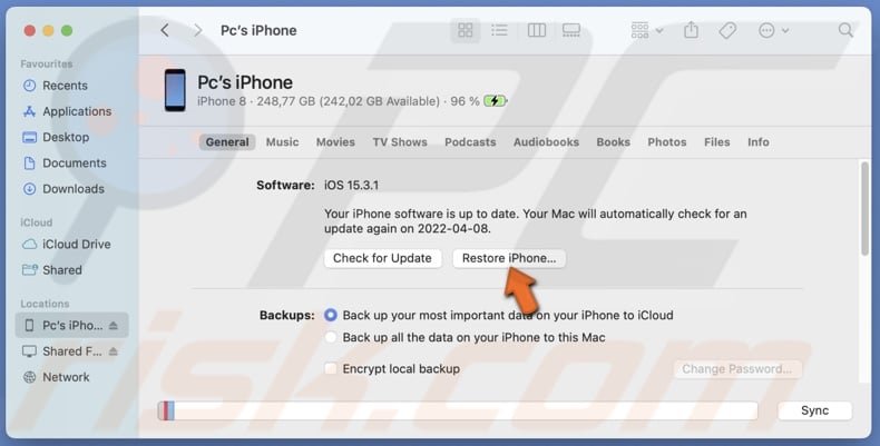 Tap on Restore iPhone