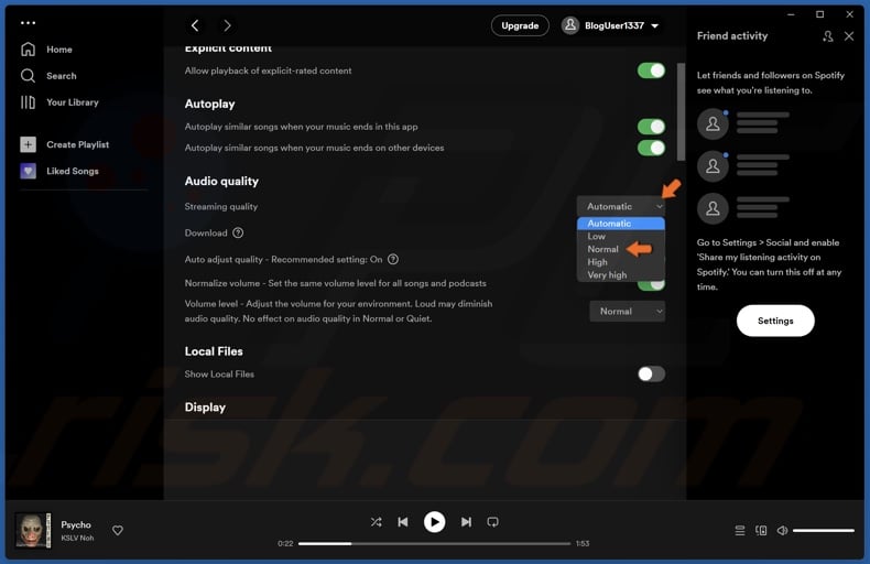 Open the Streaming quality drop-down menu and select Normal or a lower quality setting