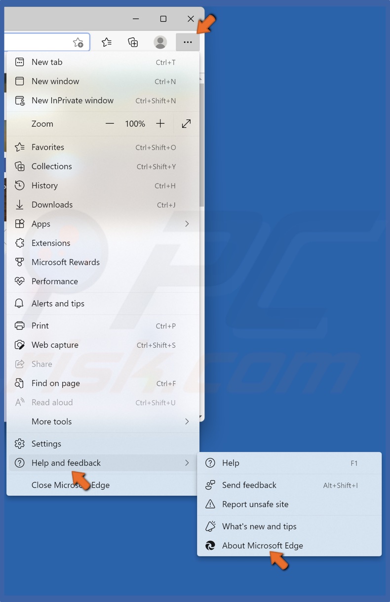 Select Help and feedback and click About Microsoft Edge